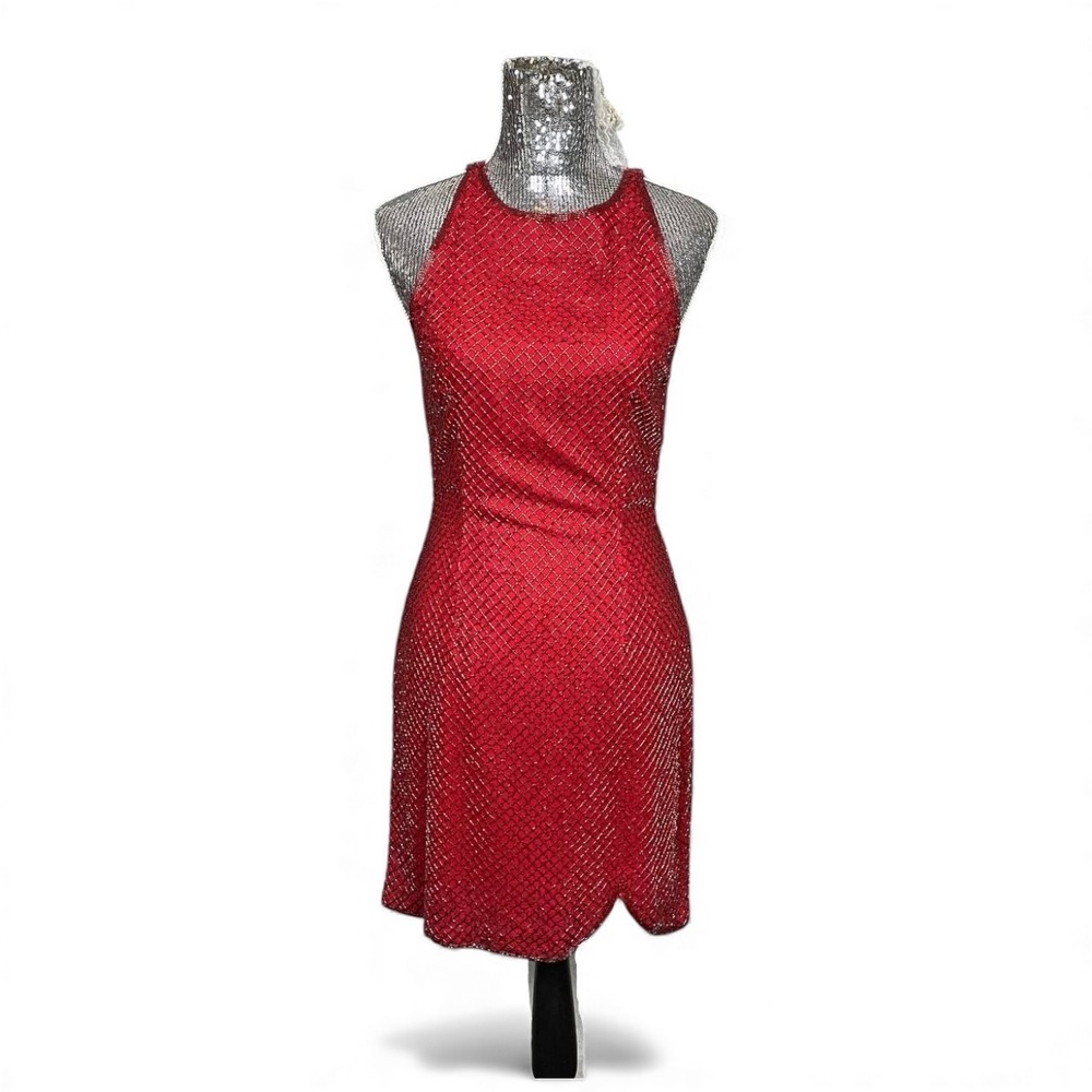 Vintage Y2K Red Silk Beaded Mini Dress Small Scallop Hem Lined Cocktail‎ Party